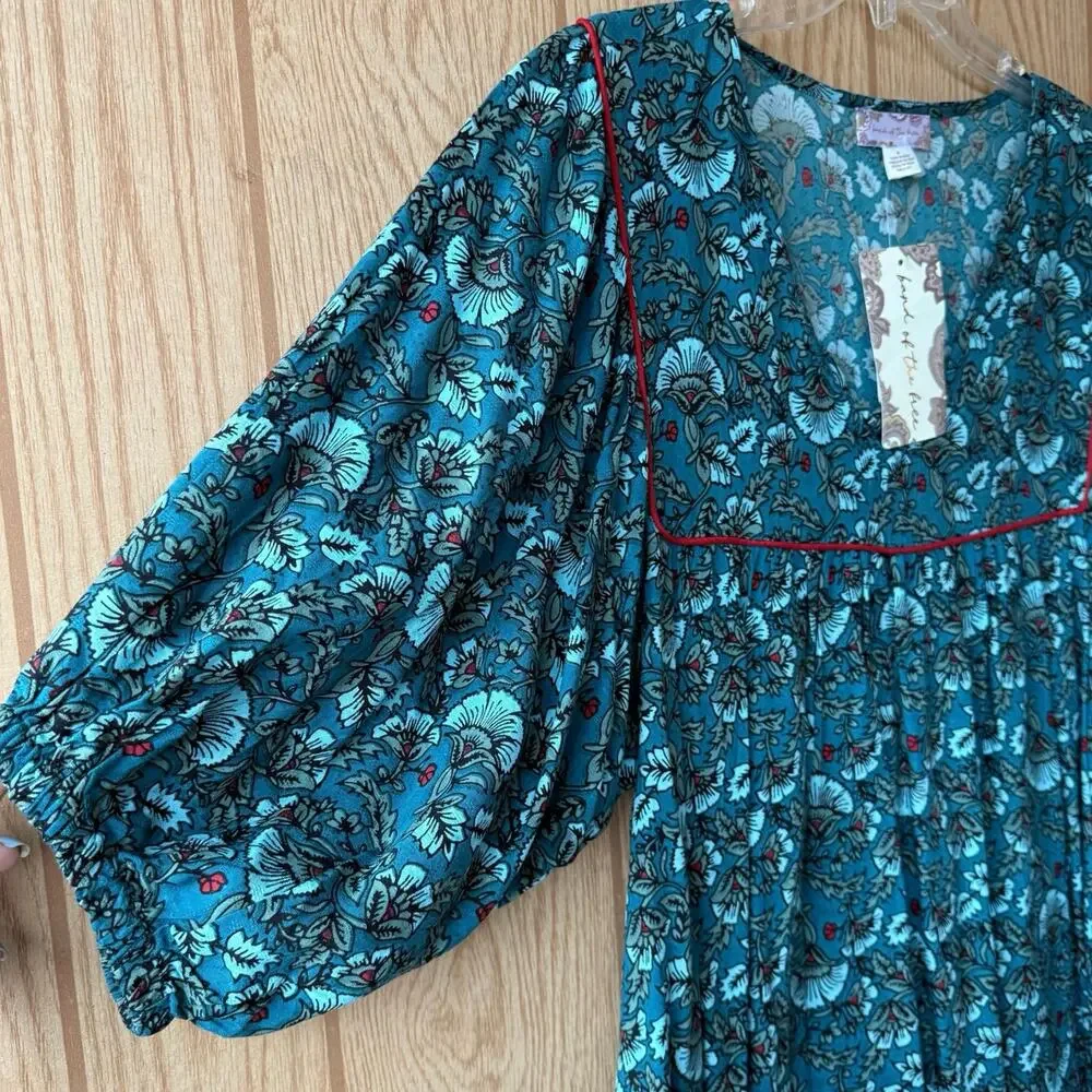 Band of the Free puff sleeve pocket short mini dress Aqua Teal floral BOG Small - Picture 11 of 16